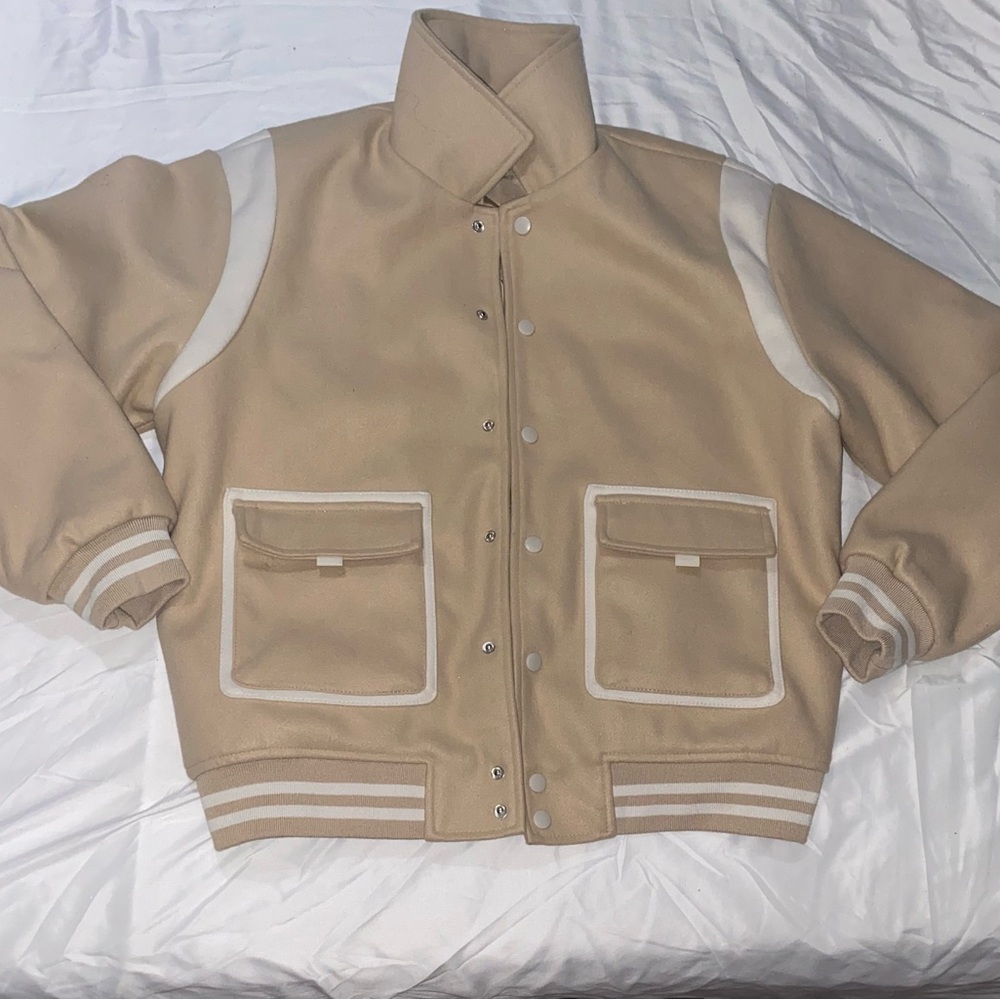 Forever 21 Tan and White Varsity Jacket with Ribbed Accents - Picture 2 of 4